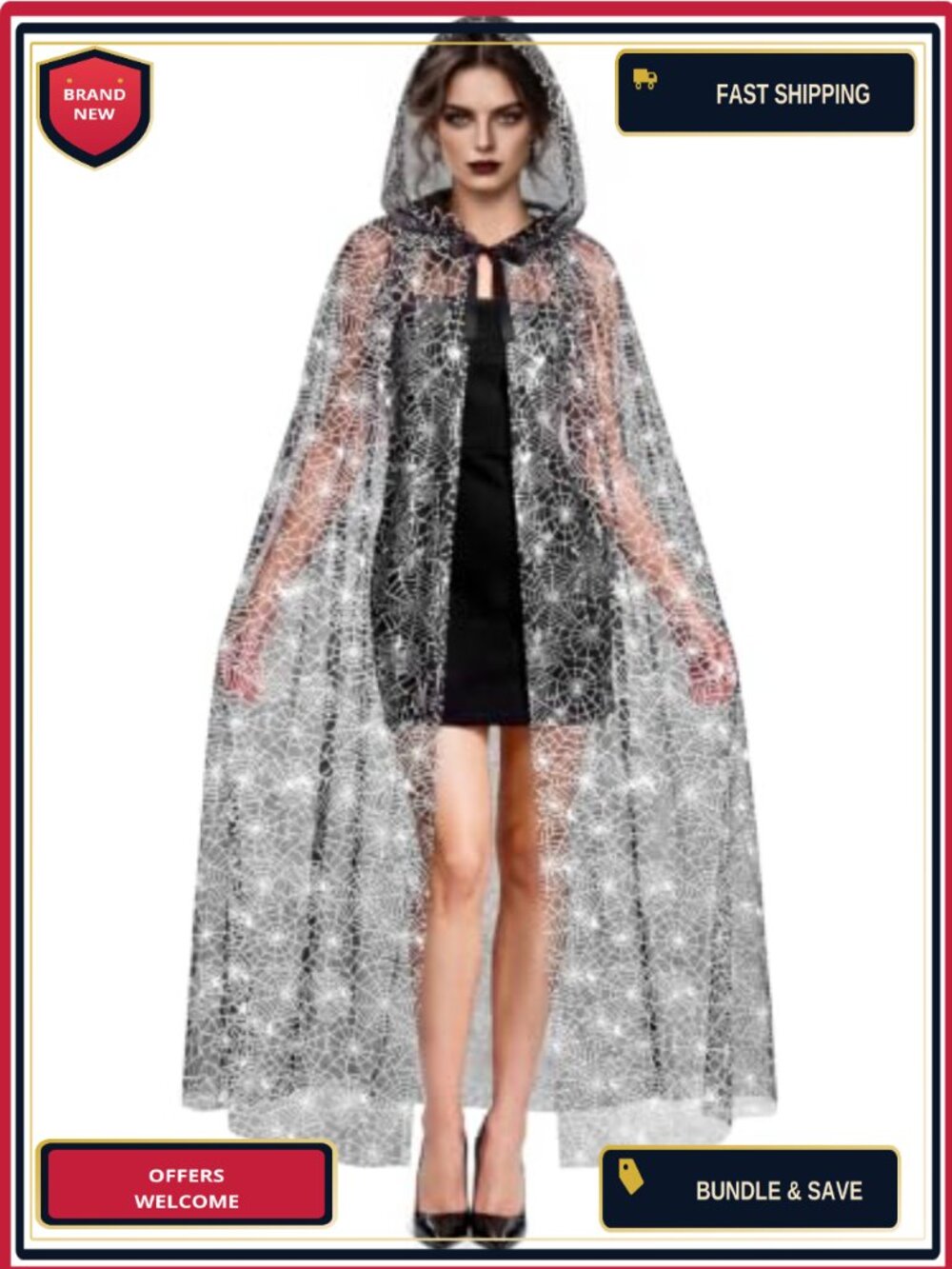 Lace Spider Web Hooded Cape Poncho Halloween Witch Costume Cosplay